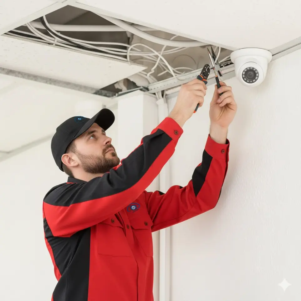 teknisi ahli melakukan pemeliharaan sistem cctv dan perkabelan