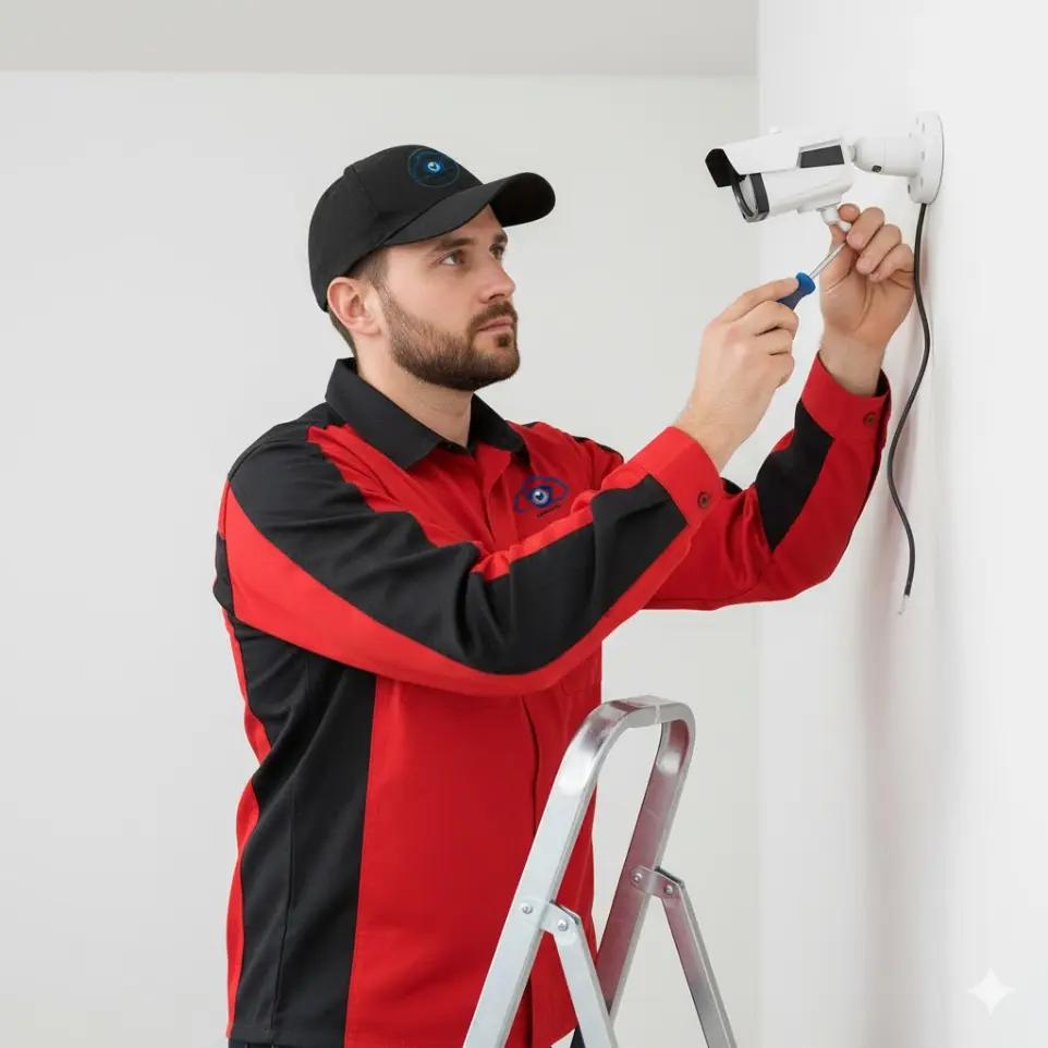 teknisi ahli memasang kamera CCTV